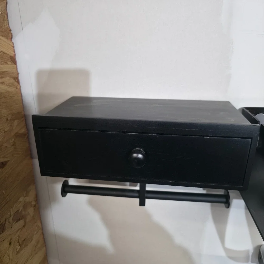Dual Black Wooden Toilet Paper Holder With Drawer